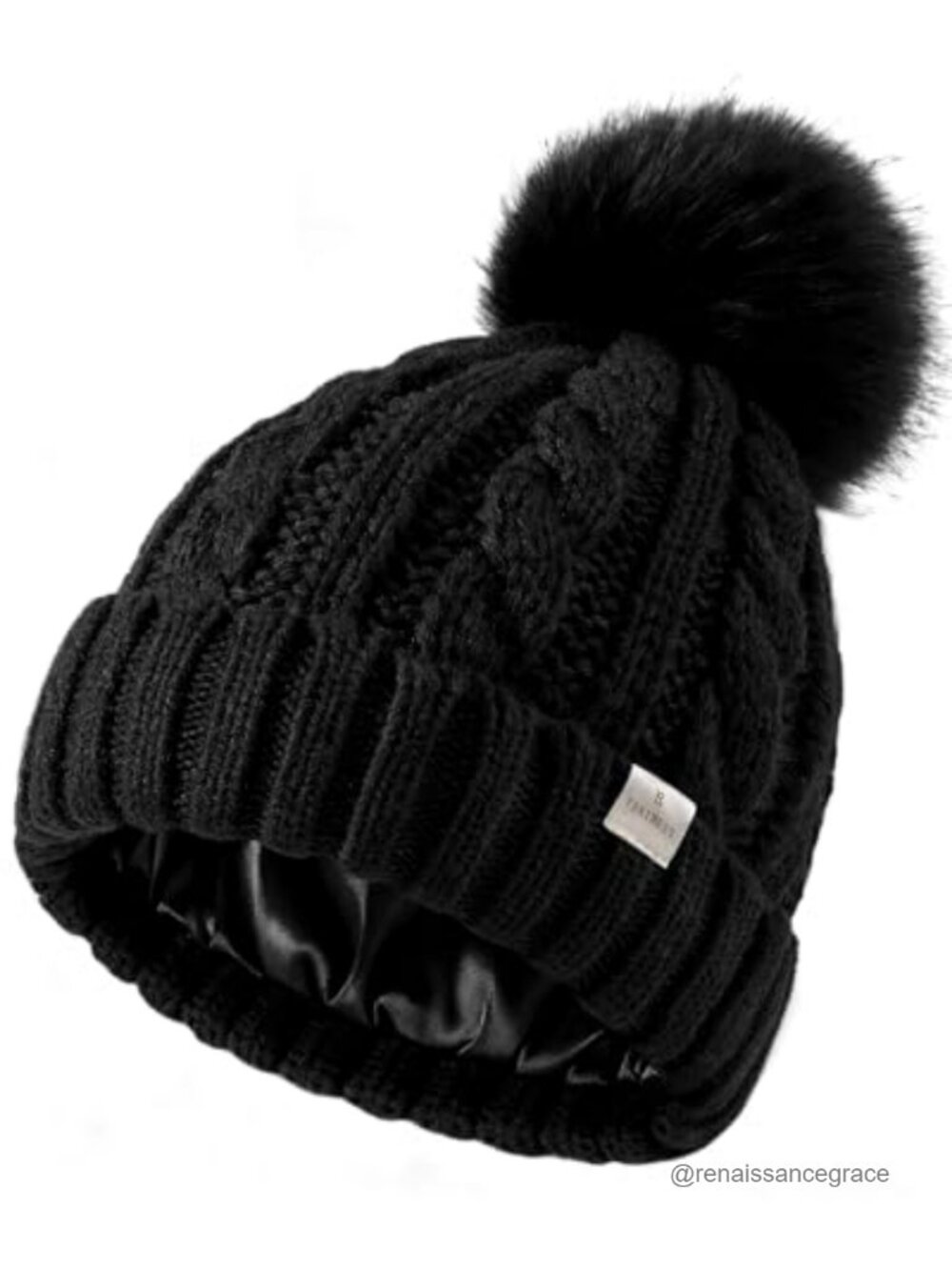 Satin Lined Knitted Beanie Winter Hat with Detachable Pom Pom for Women